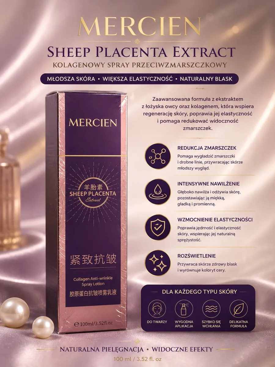 Pudełko kolagenowego sprayu przeciwzmarszczkowego Mercien Sheep Placenta Extract 100 ml w fioletowo-różowym opakowaniu z perł