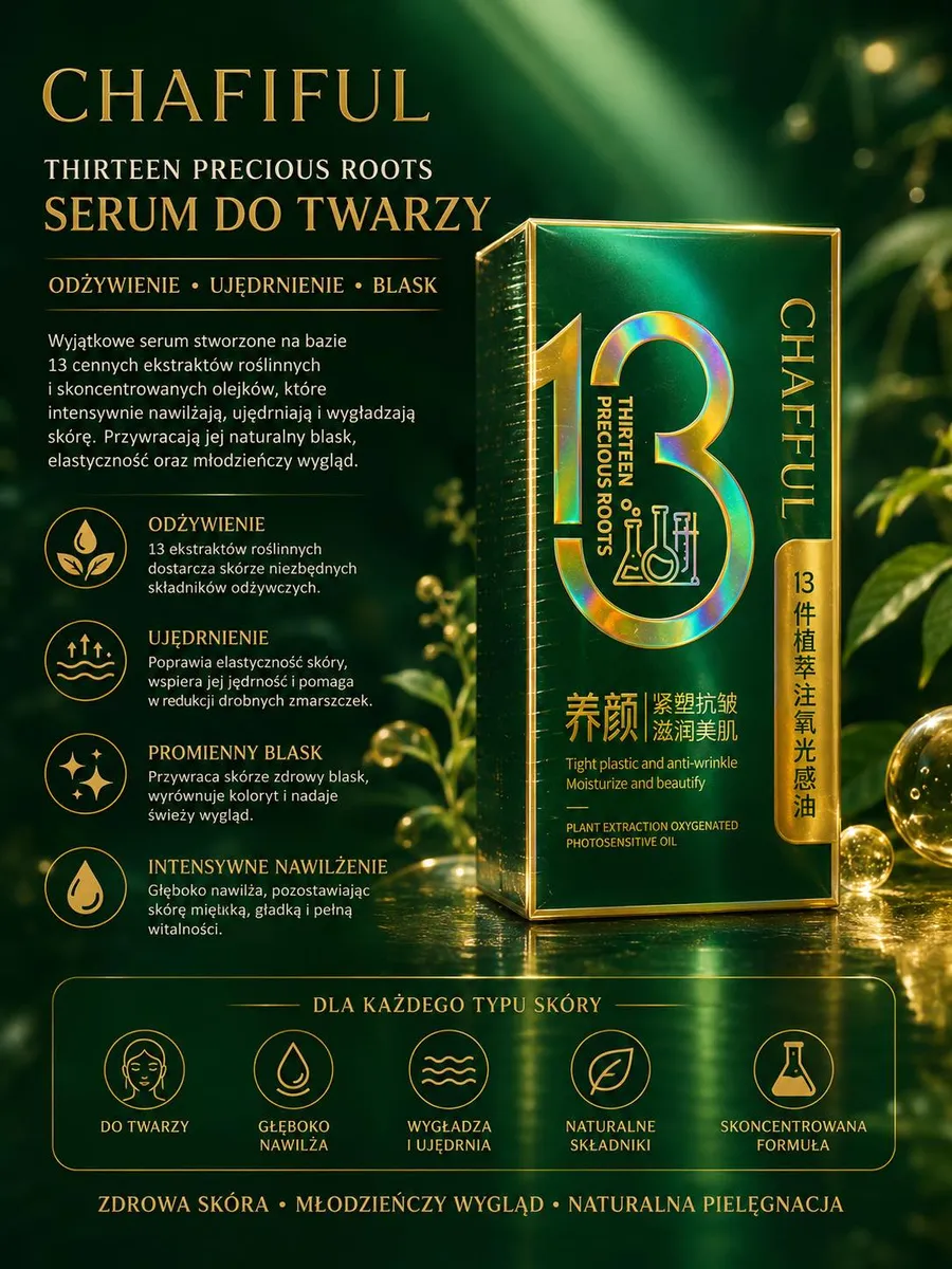 Zielone pudełko serum do twarzy Chafiful Thirteen Precious Roots z holograficznym logo 13 i złotymi napisami na tle zielonych