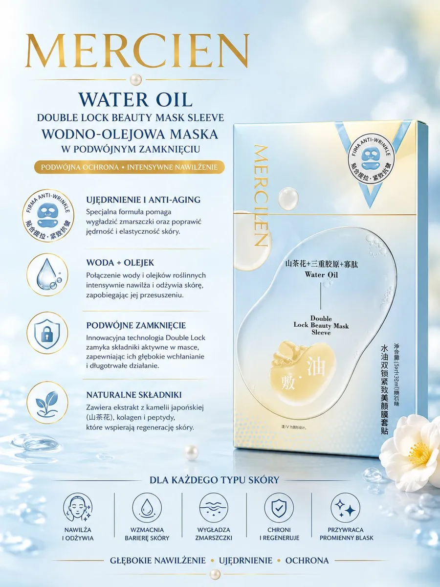 Opakowanie maski Mercilen Water Oil Double Lock Beauty Mask Sleeve w odcieniach błękitu i złota z widocznym żelem i płatkami