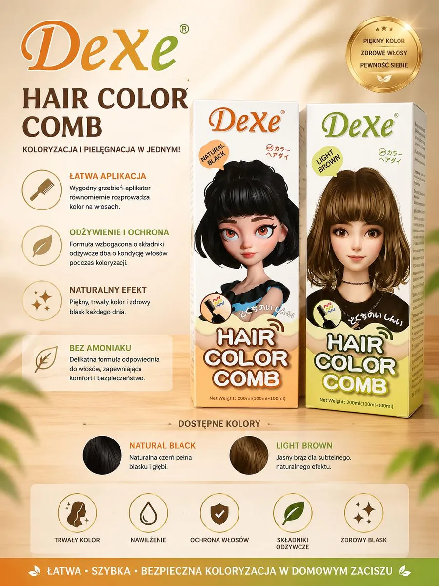 Dwa opakowania DeXe Hair Color Comb w odcieniach Natural Black i Light Brown, każdy z grzebieniem-aplikatorem i ilustracją dz