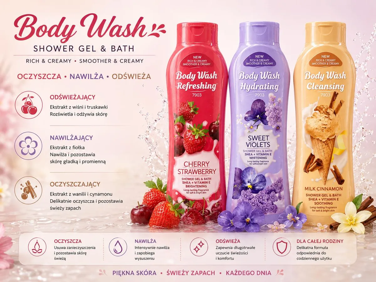 Trzy butelki żelu pod prysznic Body Wash w kolorach czerwonym, fioletowym i beżowym z motywami owoców, kwiatów i lodów na tle