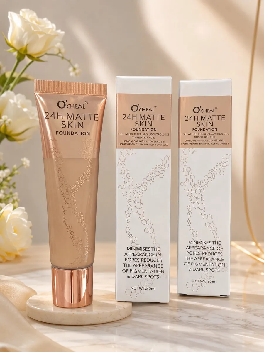 Tubka i dwa kartoniki O'CHEAL 24H Matte Skin Foundation w odcieniu beżowym z różowymi akcentami, ustawione na marmurowym blac