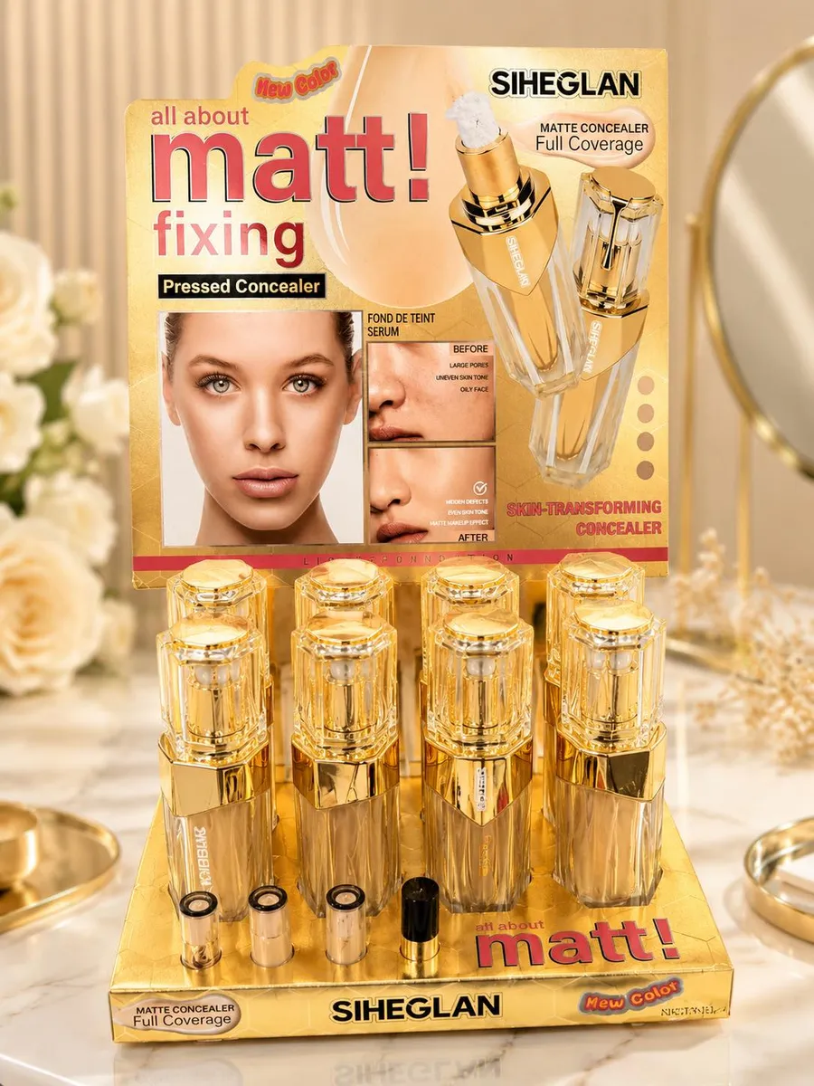 Zestaw SIHEGLAN Matte Concealer Full Coverage w złotym opakowaniu na ekspozytorze z modelem twarzy przed i po aplikacji
