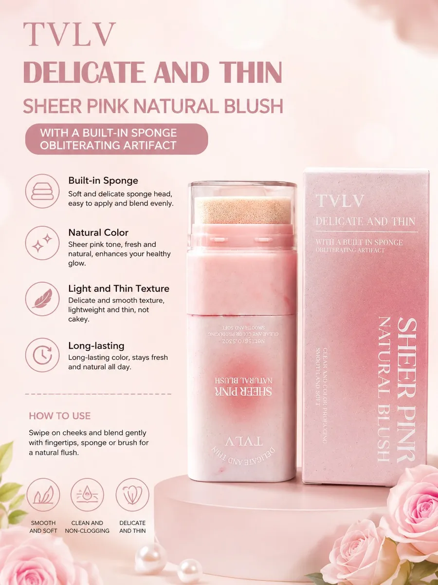 TVLV Sheer Pink Natural Blush w pudrowo-różowej tubie z gąbką i różowym kartonikiem na tle kwiatów i pereł