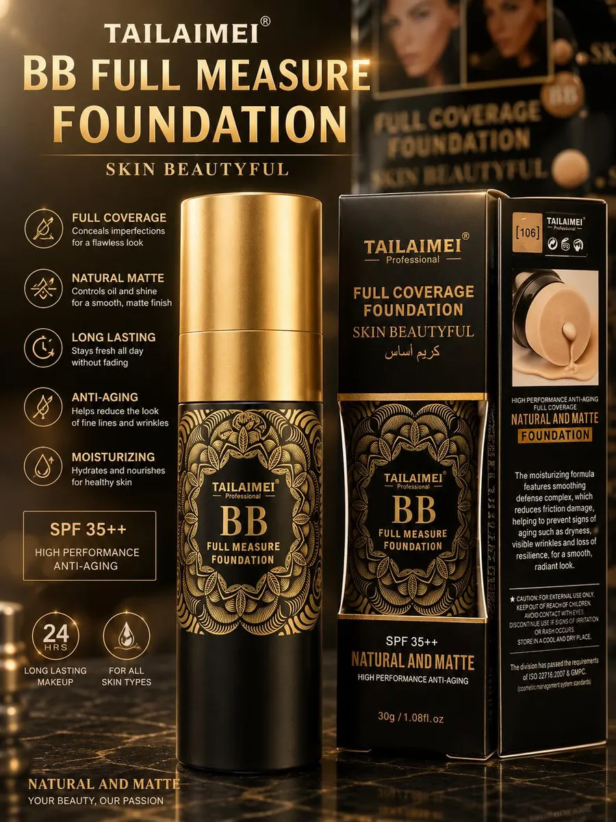 Czarny flakon z złotą nakrętką i ozdobną etykietą TAILAIMEI BB Full Measure Foundation SPF35++ obok czarnego kartonowego pude
