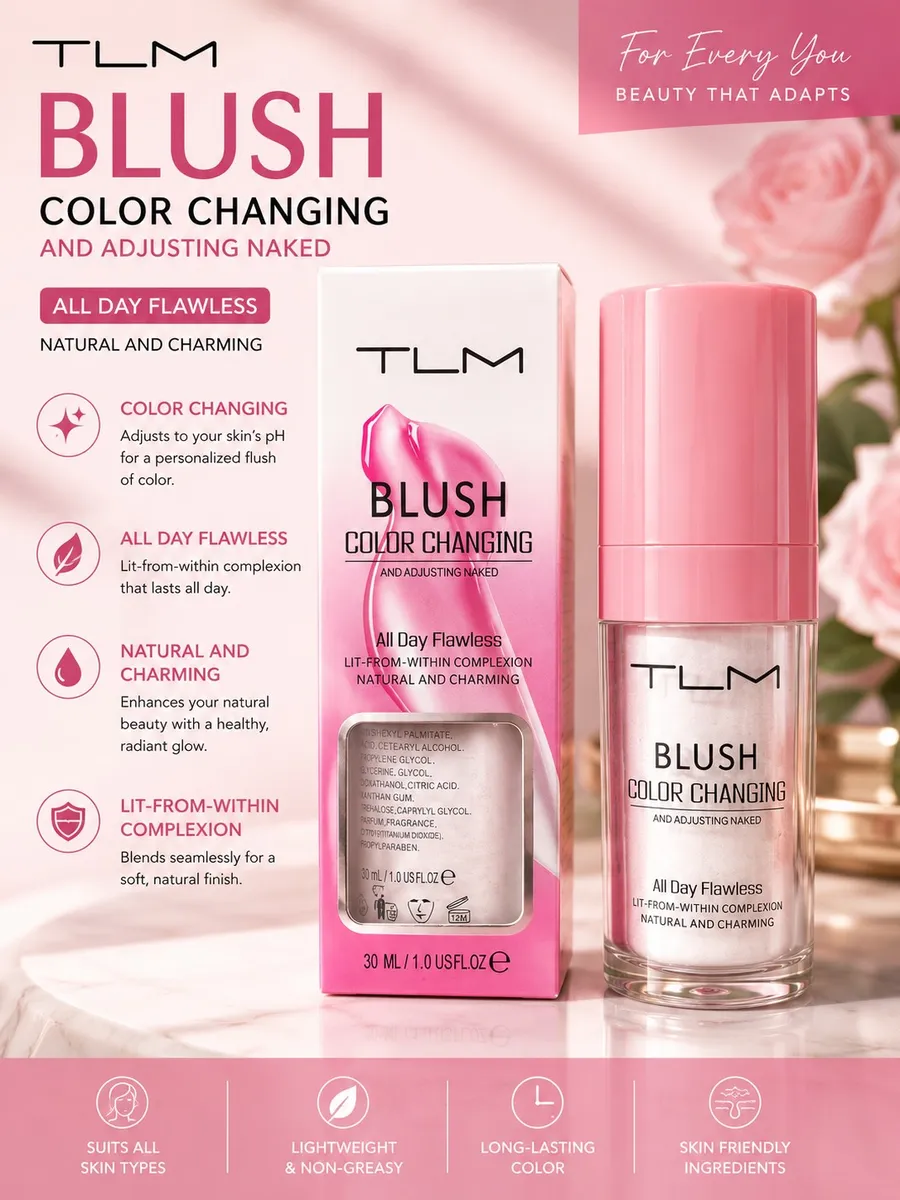 Butelka i pudełko TLM Blush Color Changing w odcieniach różu i bieli z widocznym aplikatorem i etykietą 30 ml