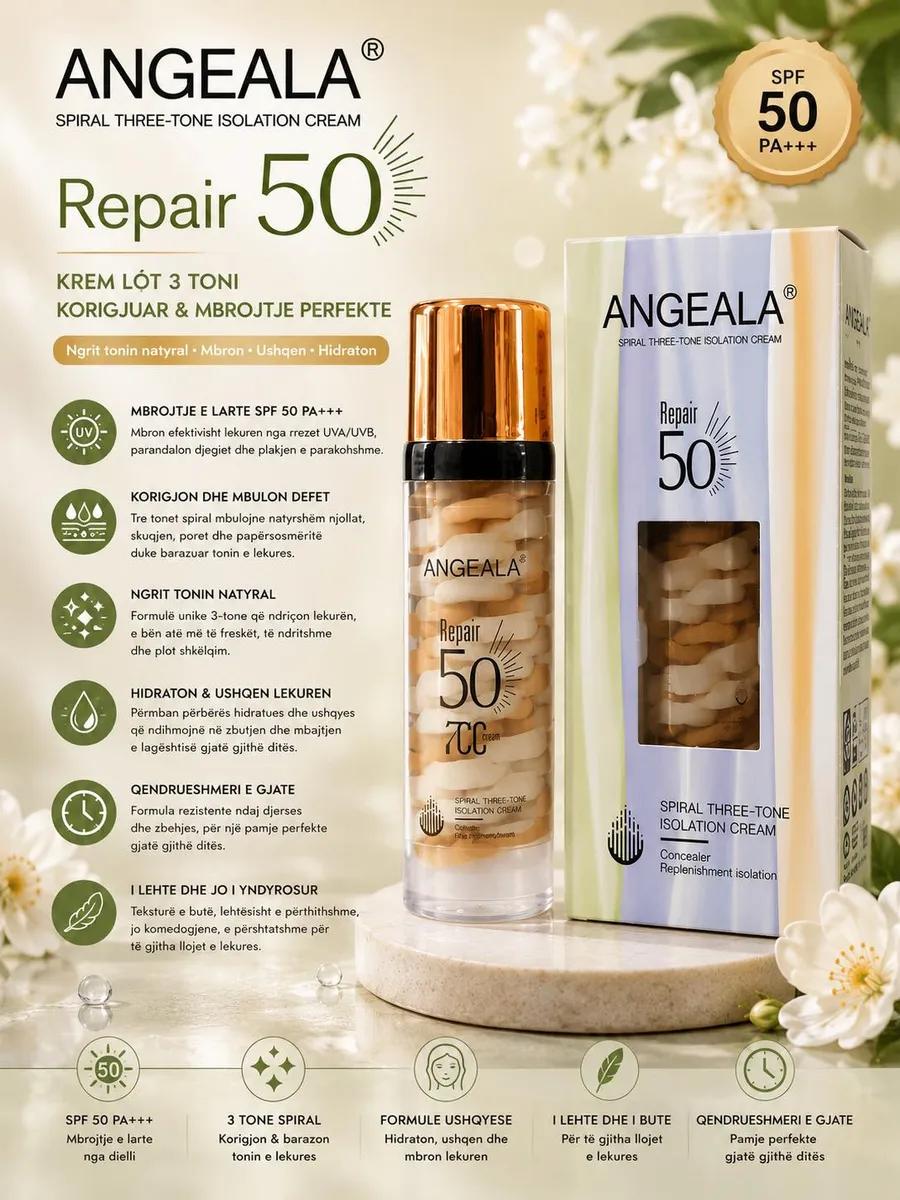 Butelka i kartonowe opakowanie kremu Angeala Repair 50 Spiral Three-Tone Isolation Cream SPF50 PA+++ z widoczną spiralną form