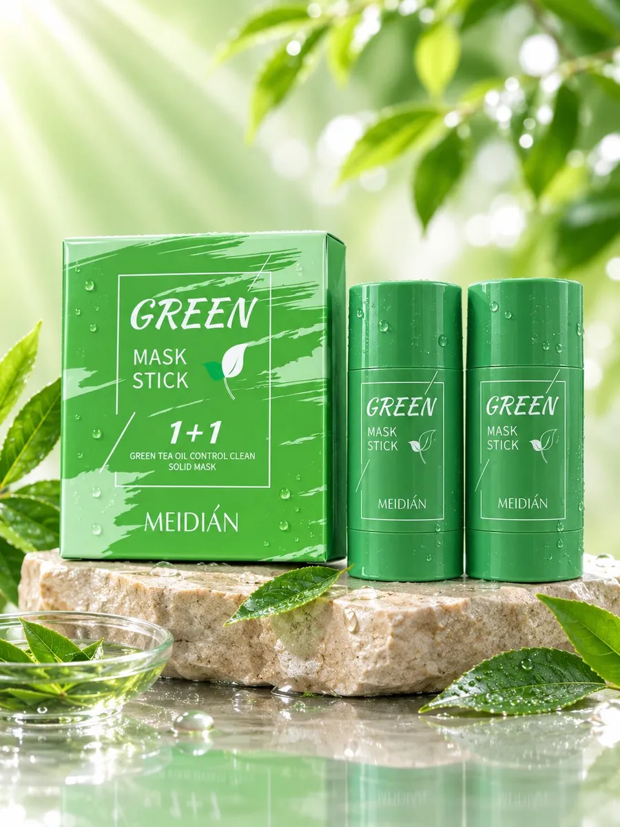Zielone pudełko i dwa sztyfty maseczki MEIDIAN Green Mask Stick na kamiennej podstawie otoczone liśćmi herbaty i wodą