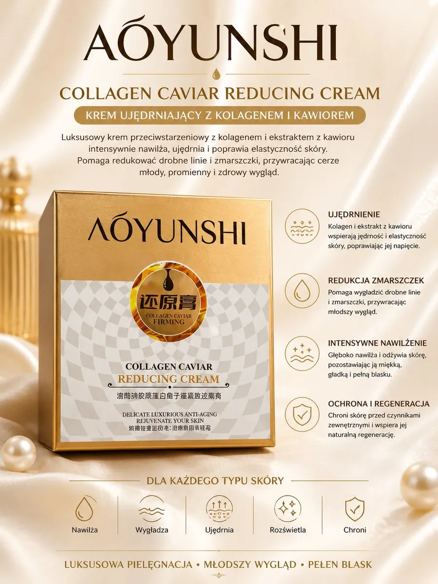 Złote opakowanie kremu ujędrniającego Aoyunshi Collagen Caviar Reducing Cream z kolagenem i kawiorem na tle satyny i pereł