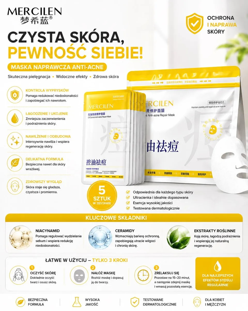 Opakowanie MERCILEN Anti-Acne Repair Mask 5 szt. w płachcie z żółto-białym designem, pojedyncze saszetki i biała maska nałożo