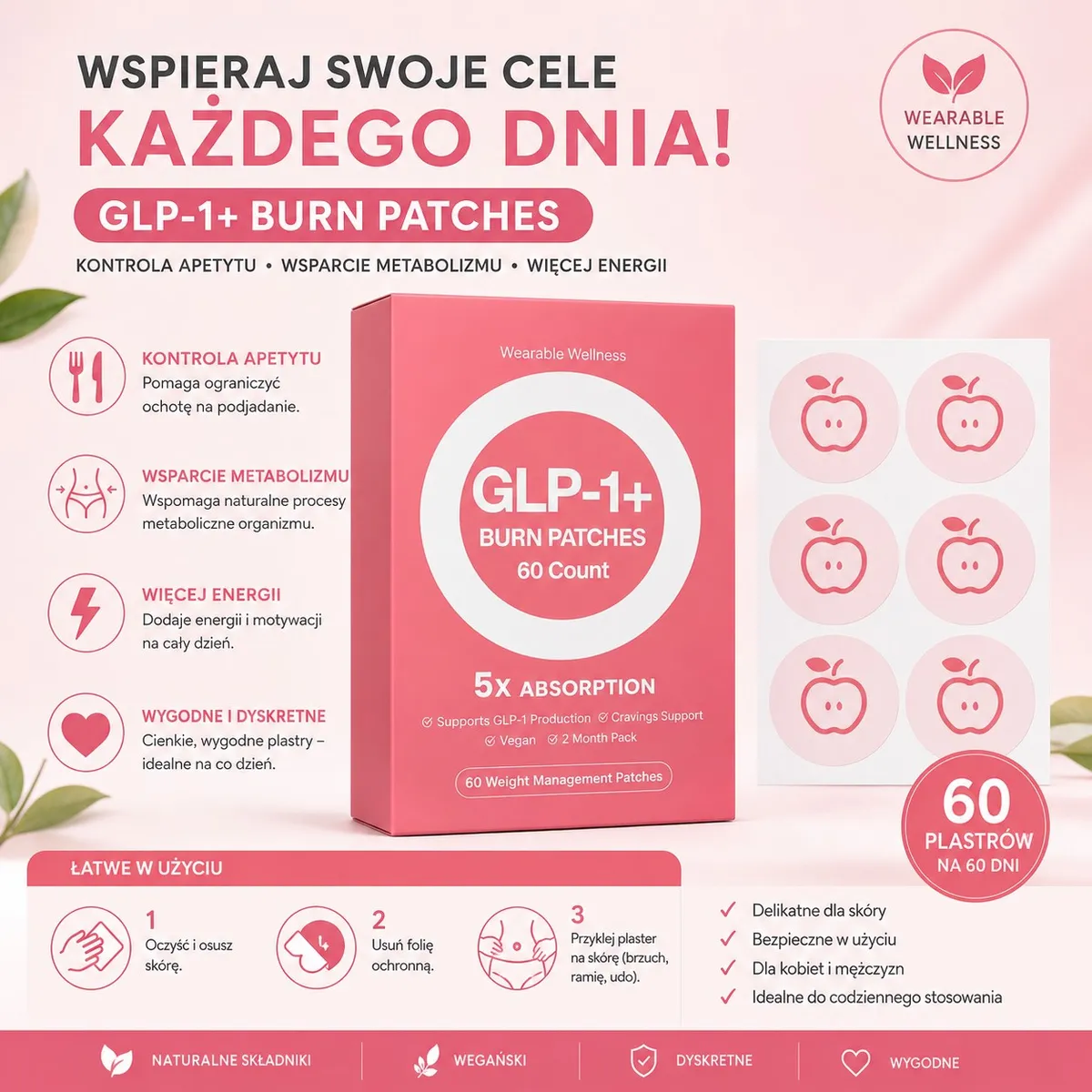 Różowe opakowanie kartonowe GLP-1+ Burn Patches 60 Count z widocznymi plastrami w kształcie jabłek i instrukcją użycia