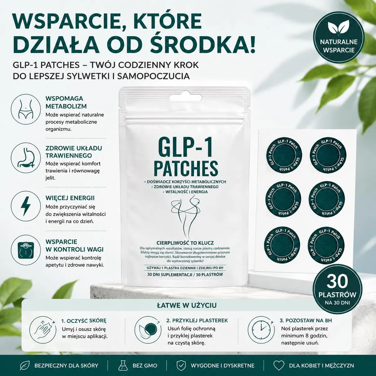 Białe opakowanie GLP-1 Patches z 30 ciemnozielonymi plastrami, instrukcją użycia i informacjami o wsparciu metabolizmu oraz t
