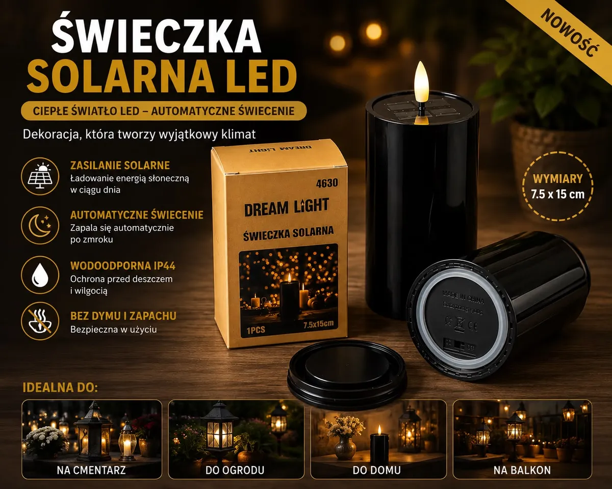 Czarna świeca solarna LED 7,5 × 15 cm z widocznym panelem solarnym, stojąca obok kartonowego opakowania Dream Light na drewni