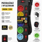 Przedłużacz 5 Gniazd z Indywidualnymi Wyłącznikami Kabel 2m