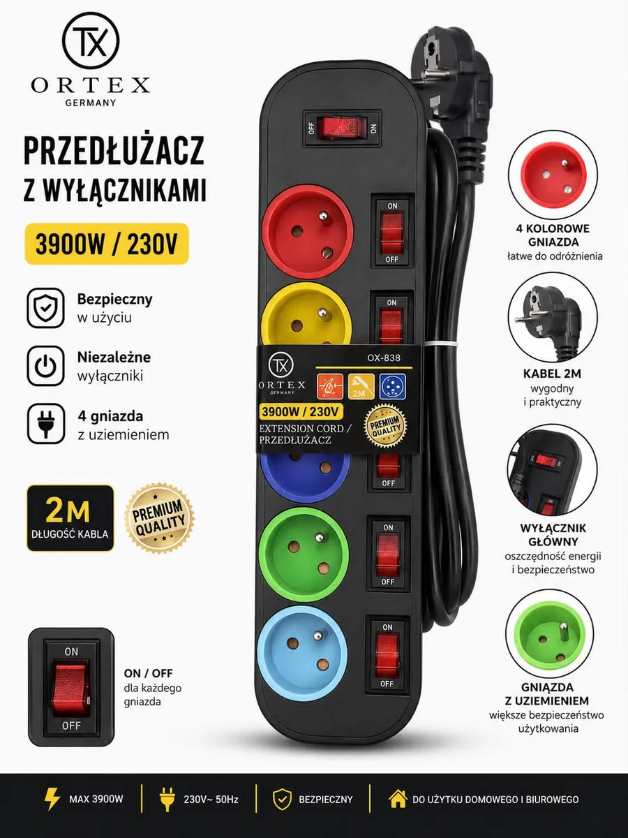 Czarny przedłużacz ORTEX z pięcioma kolorowymi gniazdami, indywidualnymi czerwonymi wyłącznikami i 2-metrowym kablem
