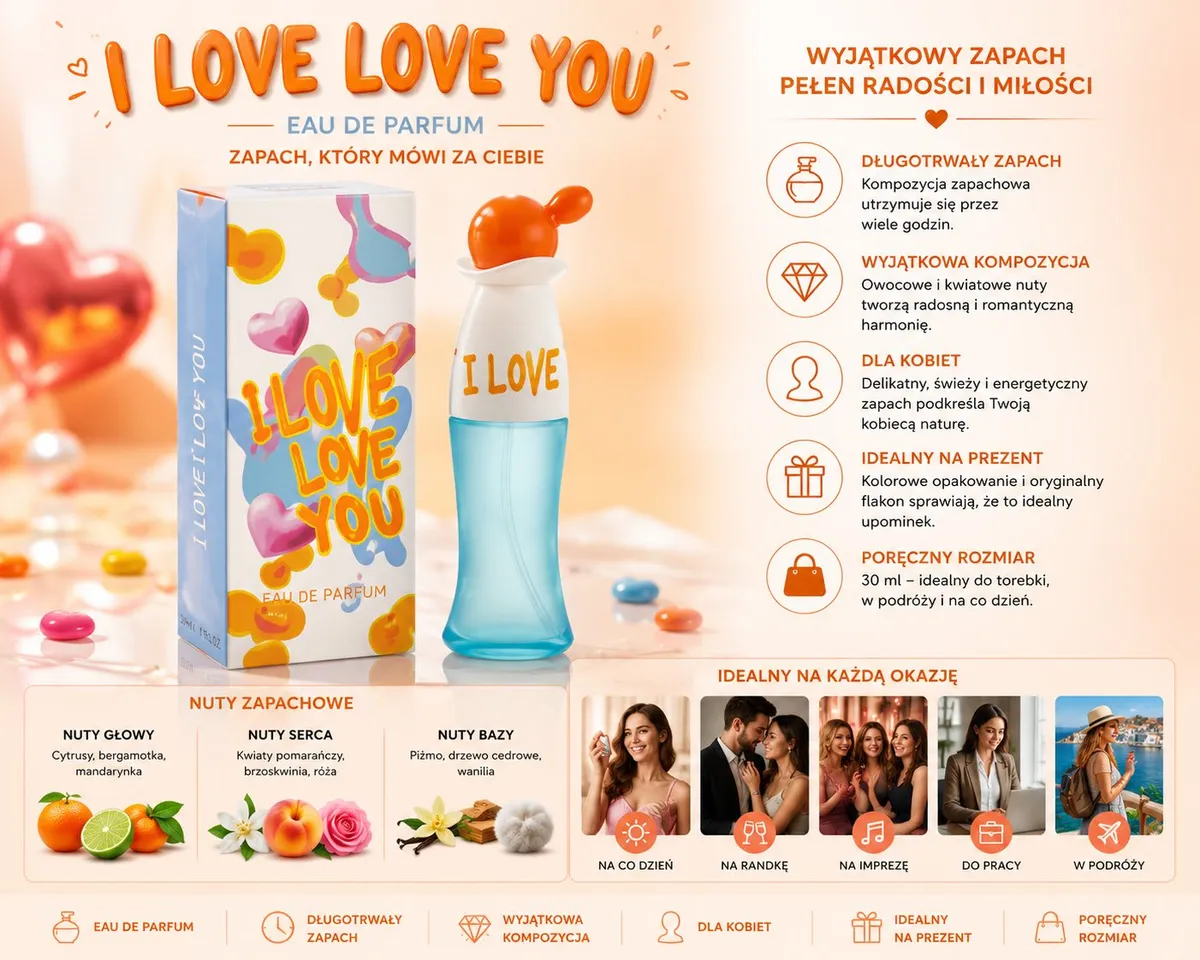 Niebieski flakon perfum I Love Love You 30 ml z pomarańczową nakrętką obok białego pudełka ozdobionego sercami