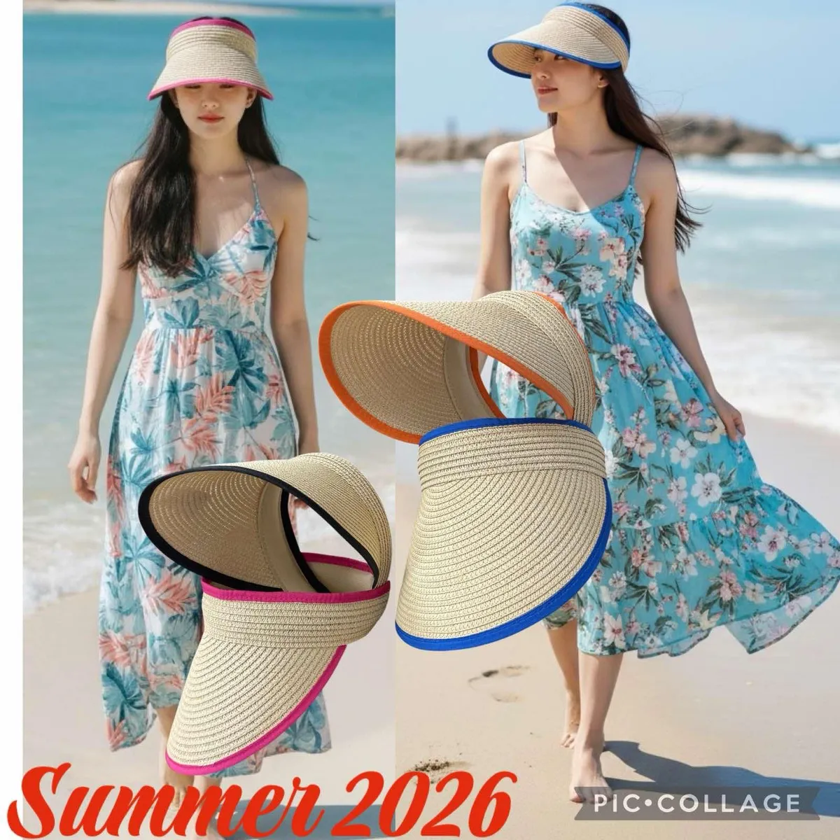 Trzy daszki plażowe słomkowe w kolorach z pomarańczowym, niebieskim i fuksjowym rantem prezentowane na plaży wraz z modelkami