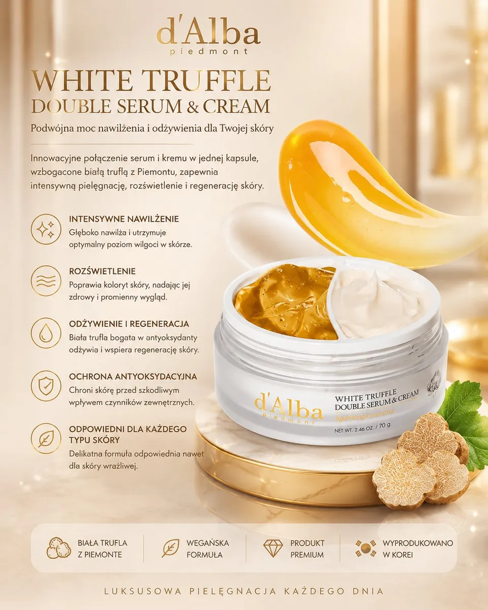 Biały słoiczek d'Alba White Truffle Double Serum & Cream z dwiema konsystencjami: złotym serum i białym kremem, obok plastry