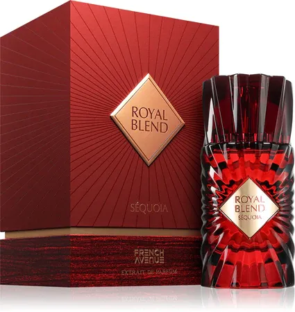 Czerwony flakon perfum Royal Blend Séquoia 100ml z bordowym pudełkiem ozdobionym złotym logo