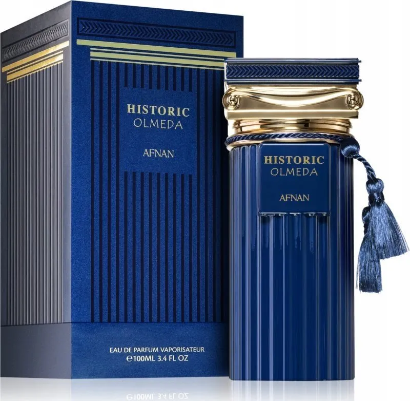 Granatowy flakon perfum Afnan Historic Olmeda 100ml z złotymi elementami i niebieskim chwostem obok pudełka