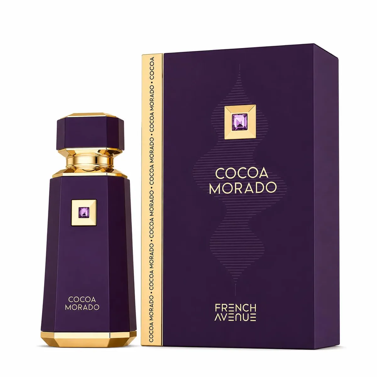 Fioletowy flakon perfum Cocoa Morado 100ml z złotymi detalami i fioletowym kamieniem obok pudełka w tym samym kolorze