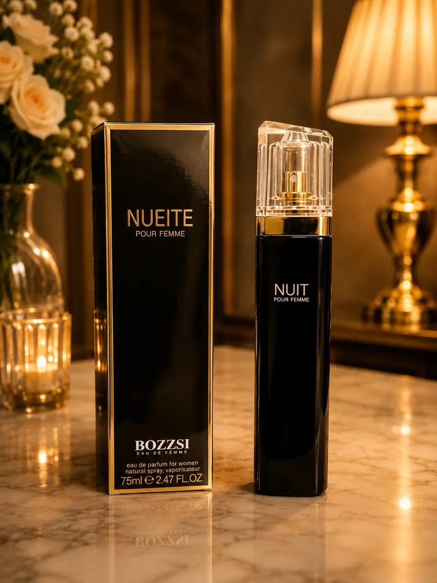 Czarna butelka perfum NUEITE Pour Femme 75ml z atomizerem i eleganckie czarne pudełko z złotymi napisami na marmurowym blacie