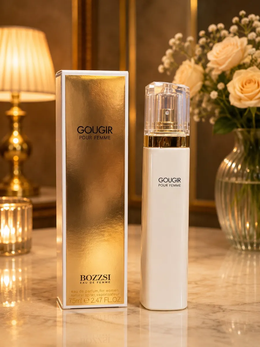 Biała butelka perfum Gougir Pour Femme 75ml obok złotego kartonowego opakowania na marmurowym blacie z kwiatami i lampą w tle