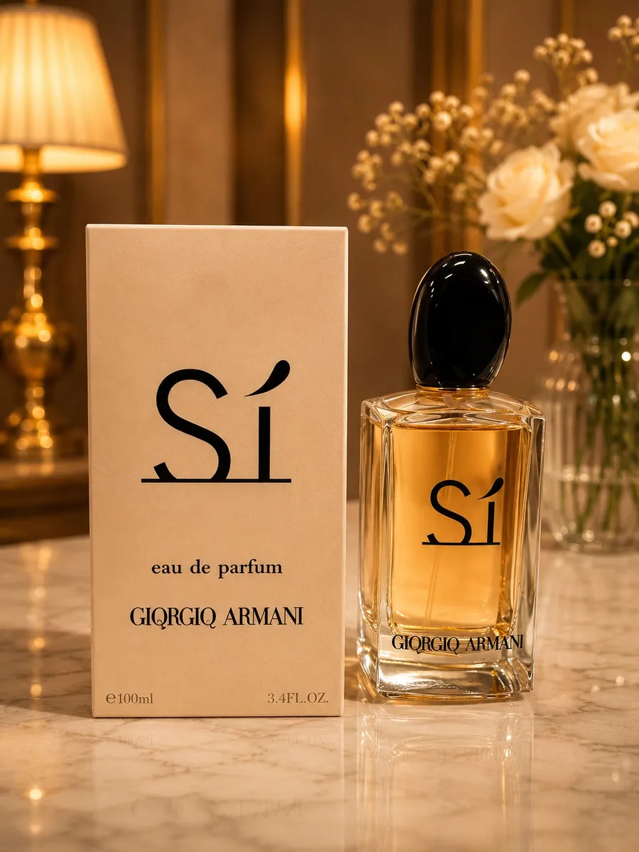 Butelka perfum Giorgio Armani Si 100ml z czarnym owalnym korkiem obok kremowego pudełka na marmurowym blacie