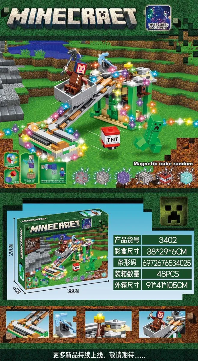 Opakowanie i gotowy model zestawu klocków Minecraft z kolorowym oświetleniem LED, figurką Steve'a, Creeperem i kostką TNT