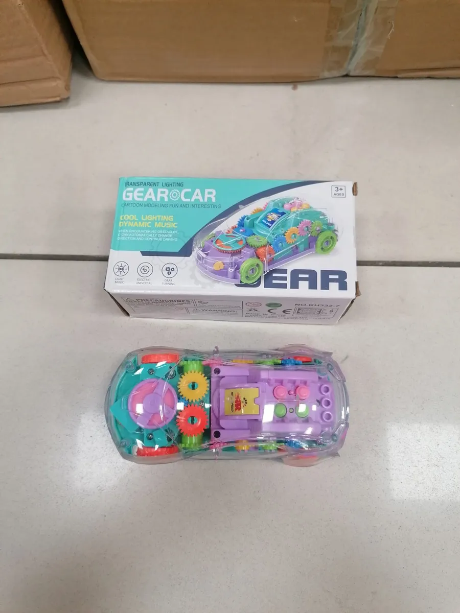 Przezroczysty plastikowy samochód zębatkowy Gear Car w kolorach fioletowym, turkusowym i pomarańczowym z widocznymi mechanizm