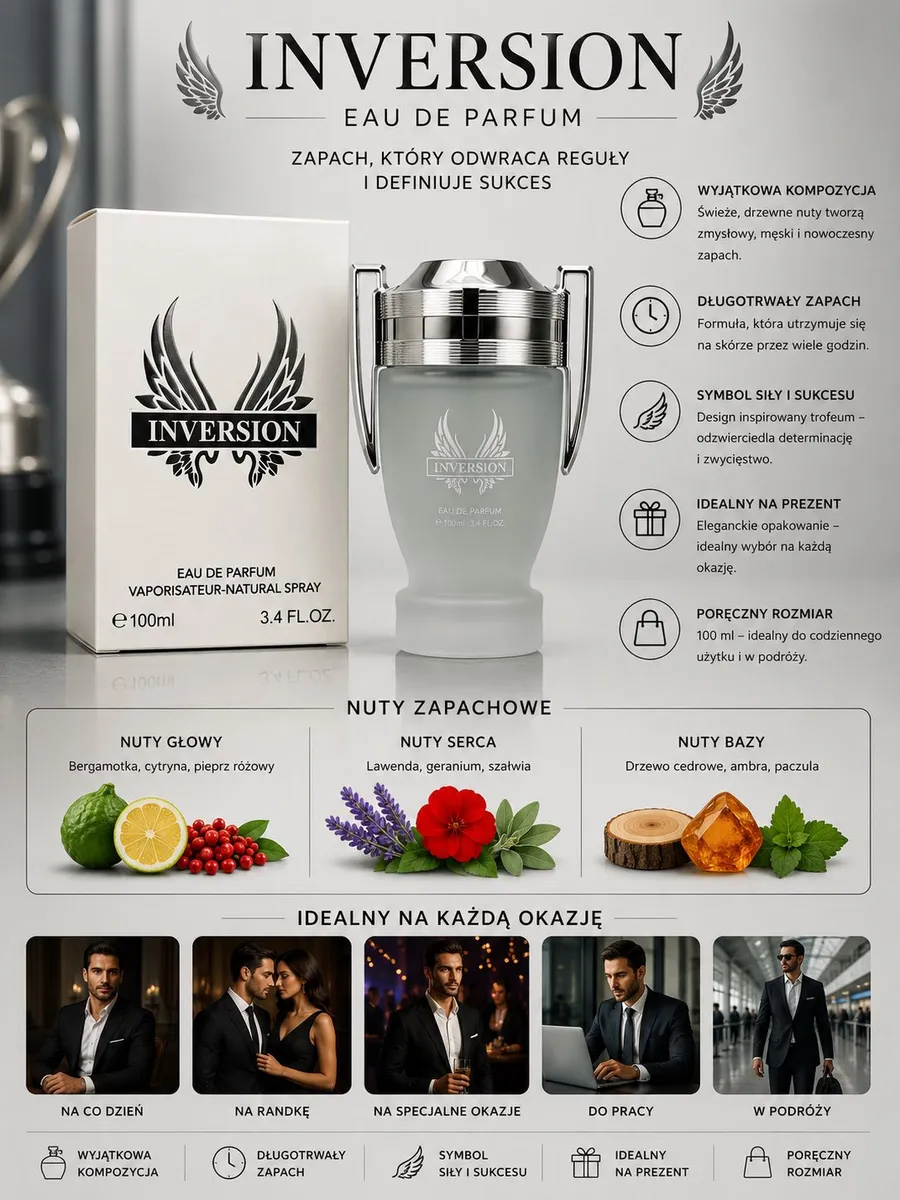 Biała butelka perfum Inversion Eau de Parfum 100 ml w kształcie trofeum z matowego szkła i srebrnymi uchwytami obok białego p