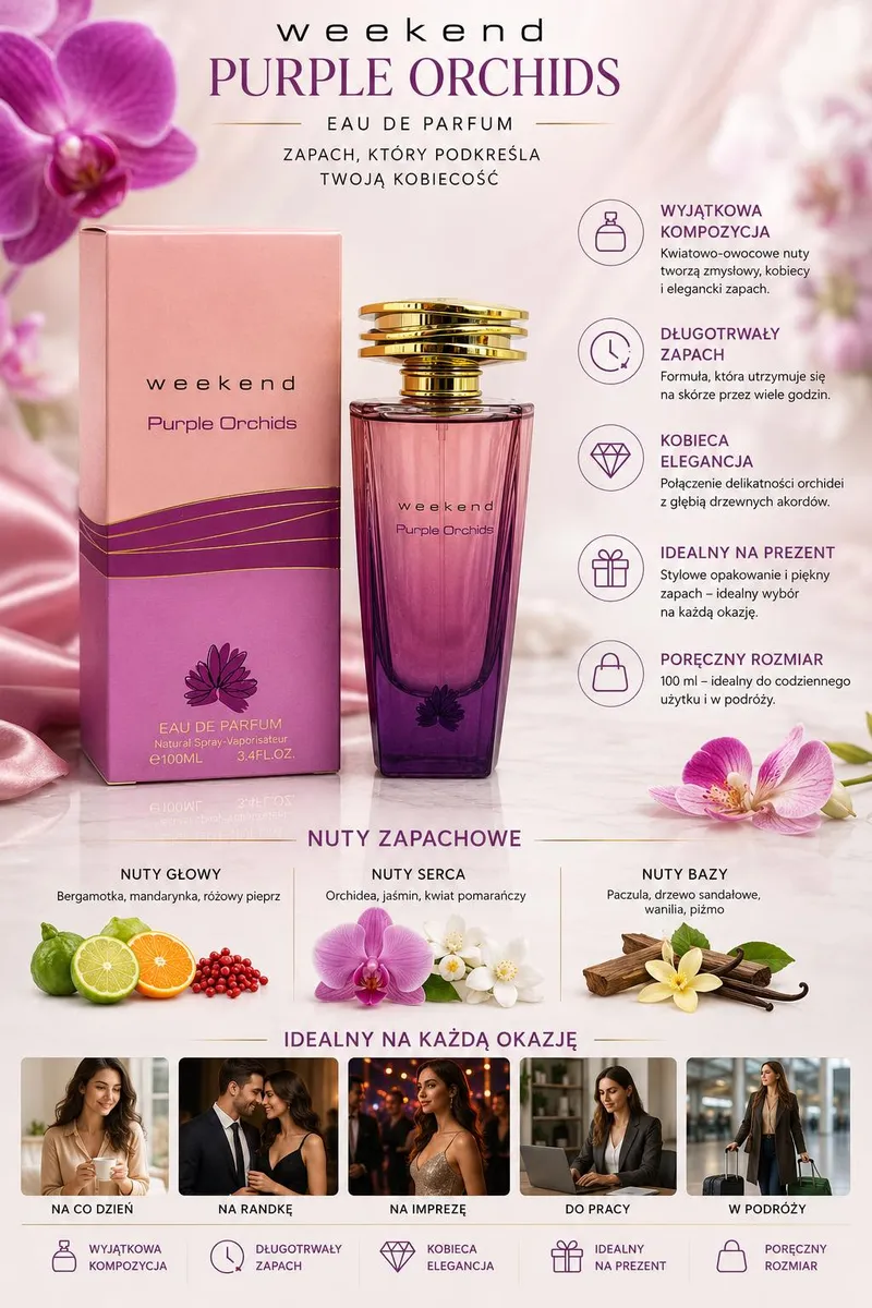 Fioletowo-różowa butelka perfum Weekend Purple Orchids 100 ml z złotym atomizerem obok różowo-fioletowego pudełka na marmurow