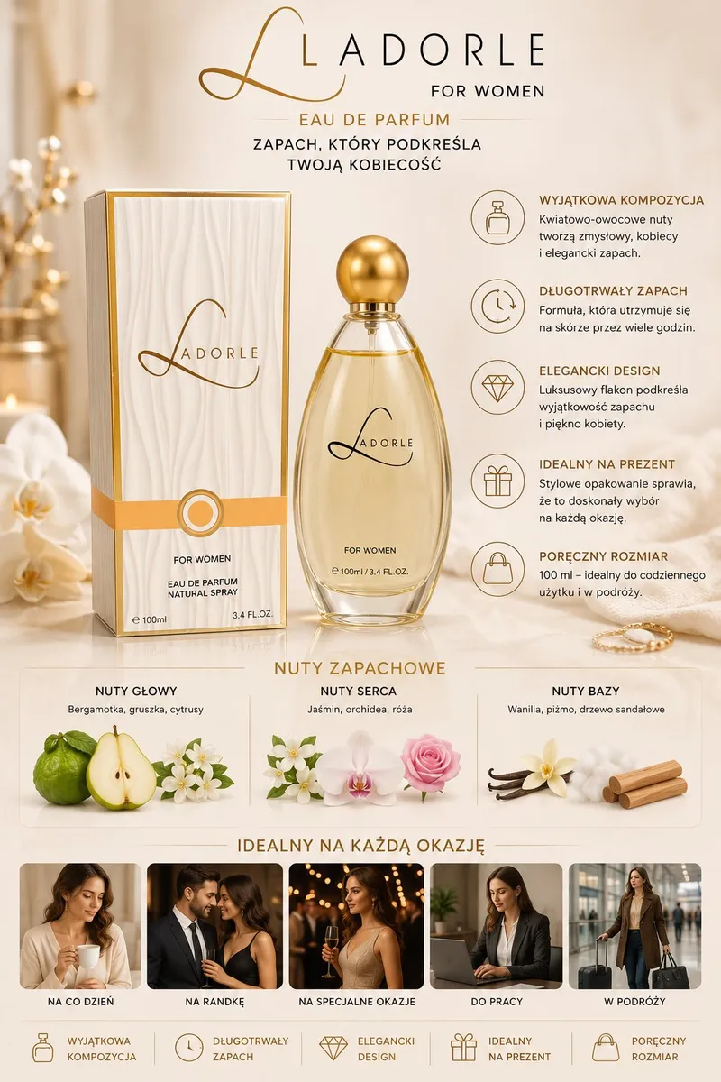 Perfumy Ladorle For Women 100 ml w eleganckim szklanym flakonie z złotym atomizerem obok kremowego pudełka z logo