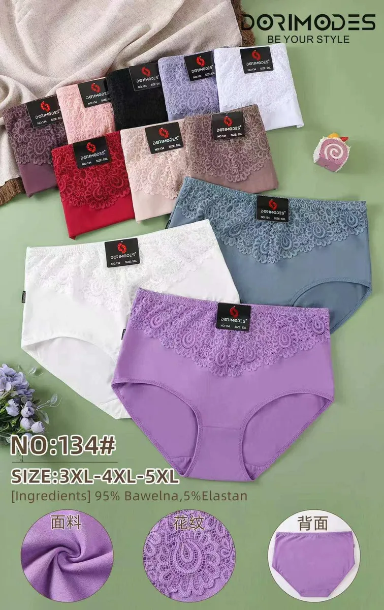 kolorowe majtki damskie z koronką w rozmiarach 3XL-5XL, różne kolory, metka Dorimodes