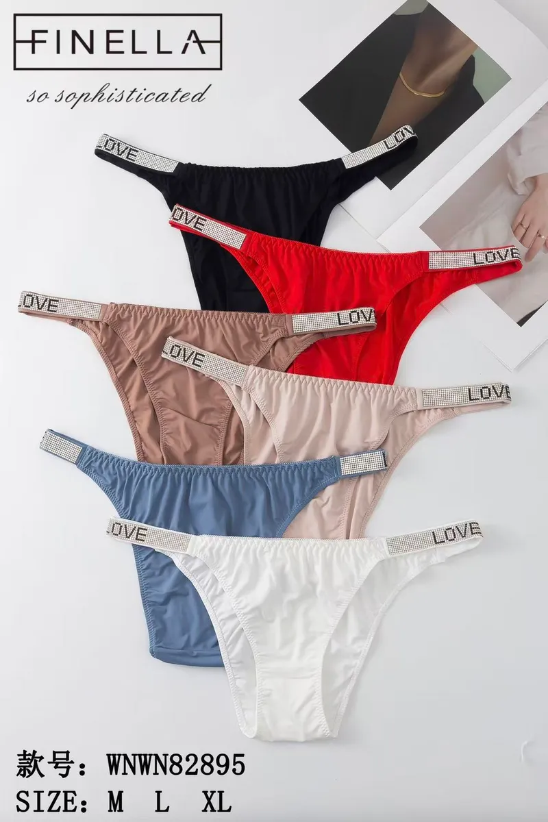 sześć par damskich majtek bikini w kolorach czarnym, czerwonym, beżowym, jasnoróżowym, niebieskim i białym z paskiem LOVE z k