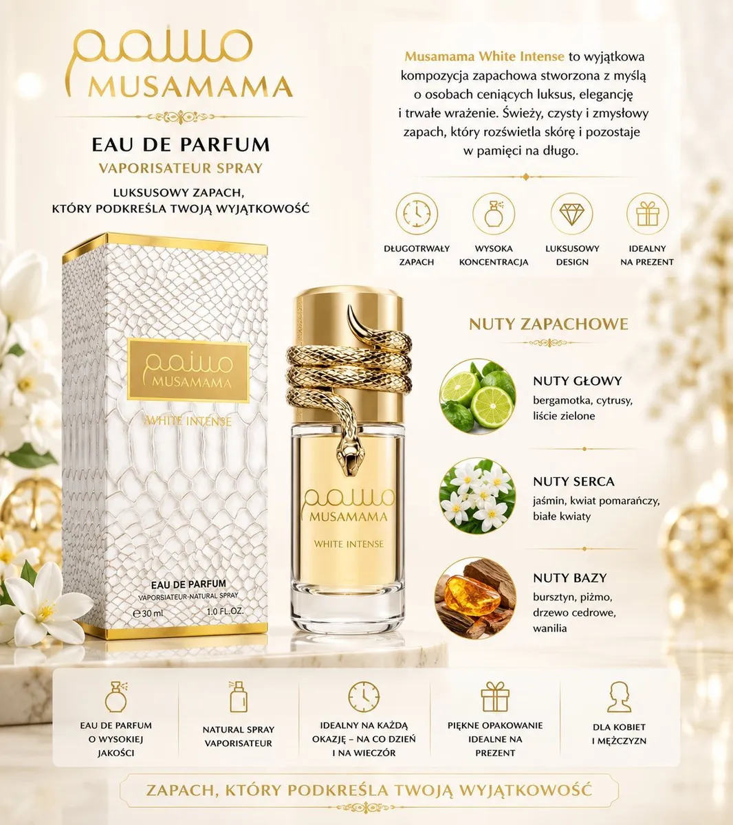 Perfumy Musamama White Intense 30ml z złotym korkiem i ozdobą węża, biało-złote opakowanie