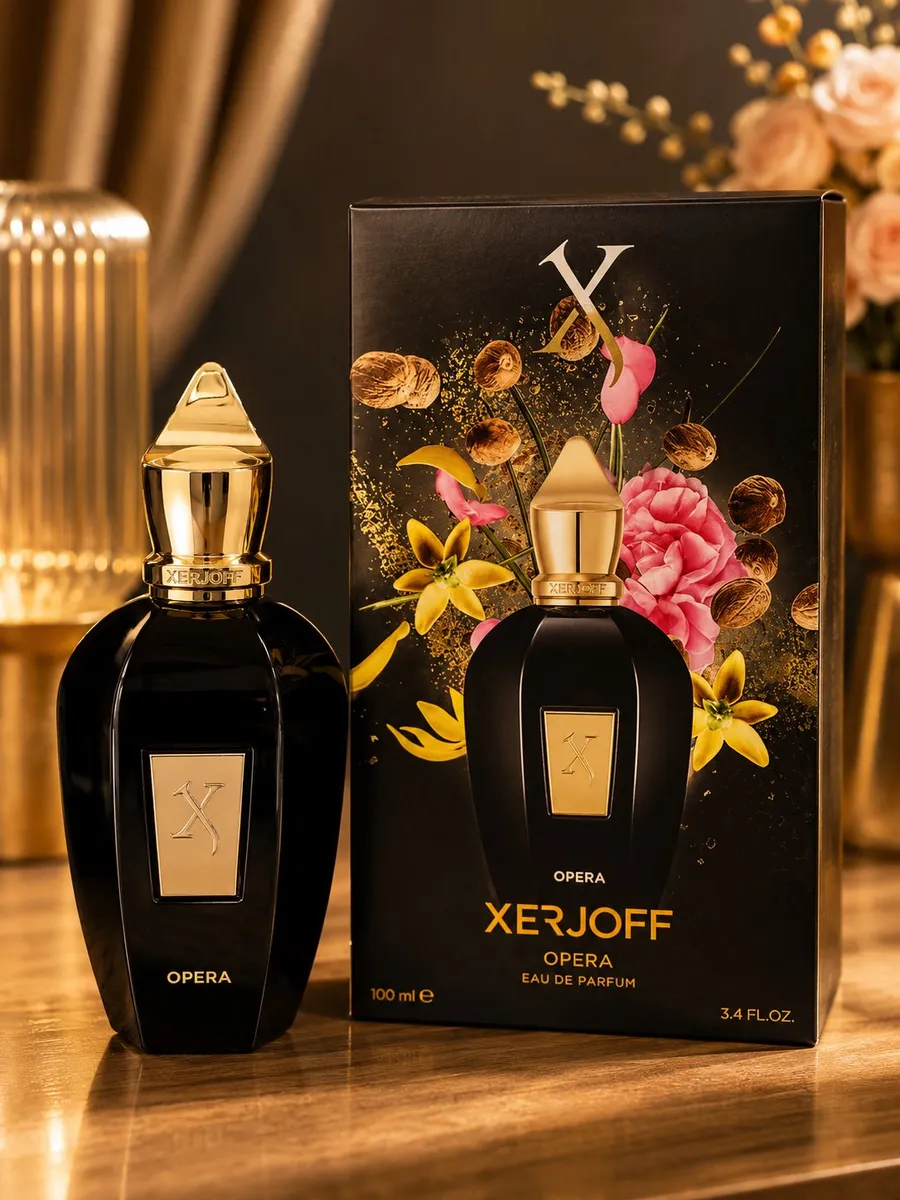 czarna butelka perfum Xerjoff Opera 100ml ze złotym korkiem i kwiatowym opakowaniem