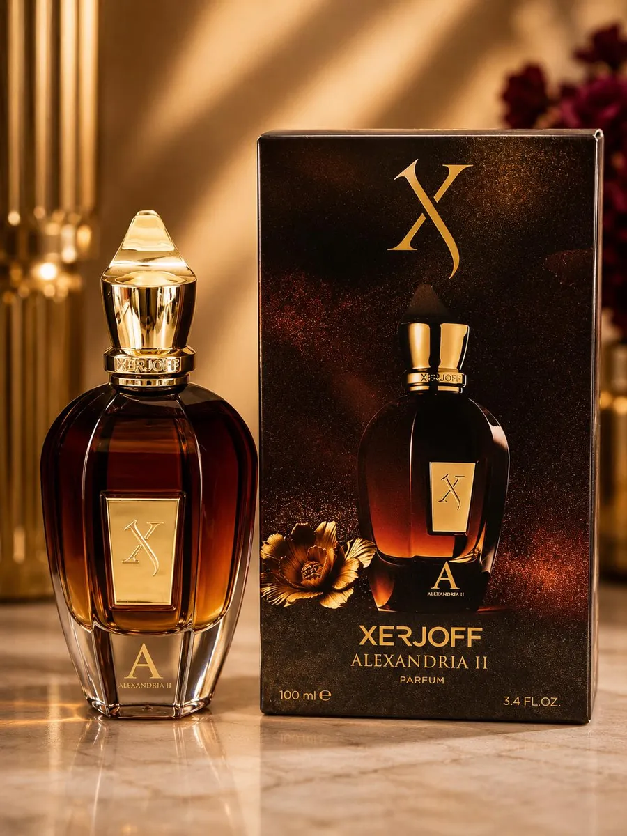 Flakon perfum Xerjoff Alexandria II bursztynowy z przezroczystym spodem i złotymi detalami obok opakowania
