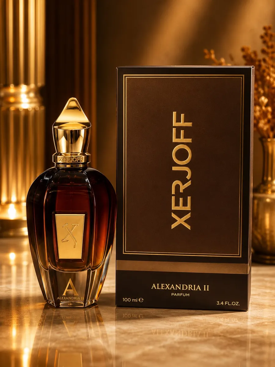 Butelka perfum Xerjoff Alexandria II bursztynowa z złotym korkiem i opakowaniem