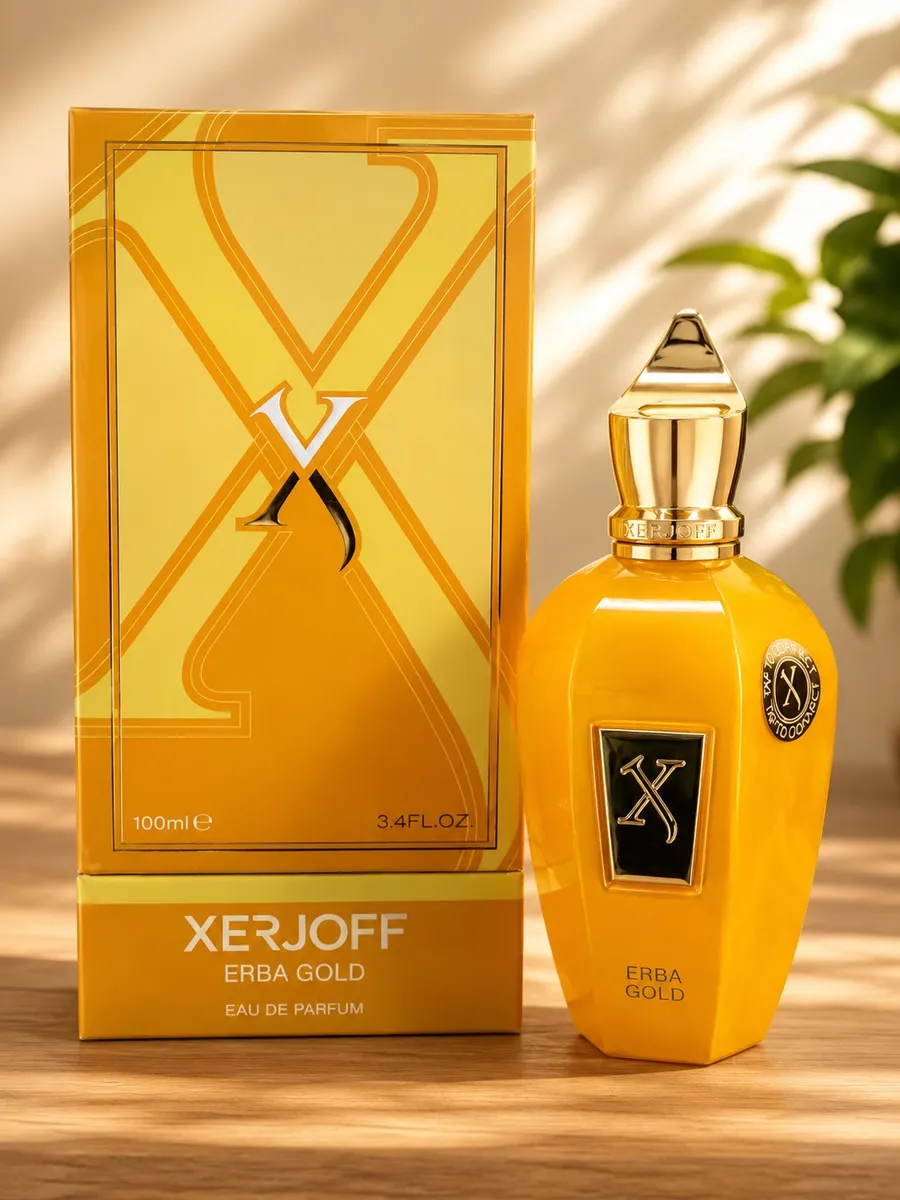żółty flakon perfum Xerjoff Erba Gold 100ml z metalicznym złotym korkiem i kartonem