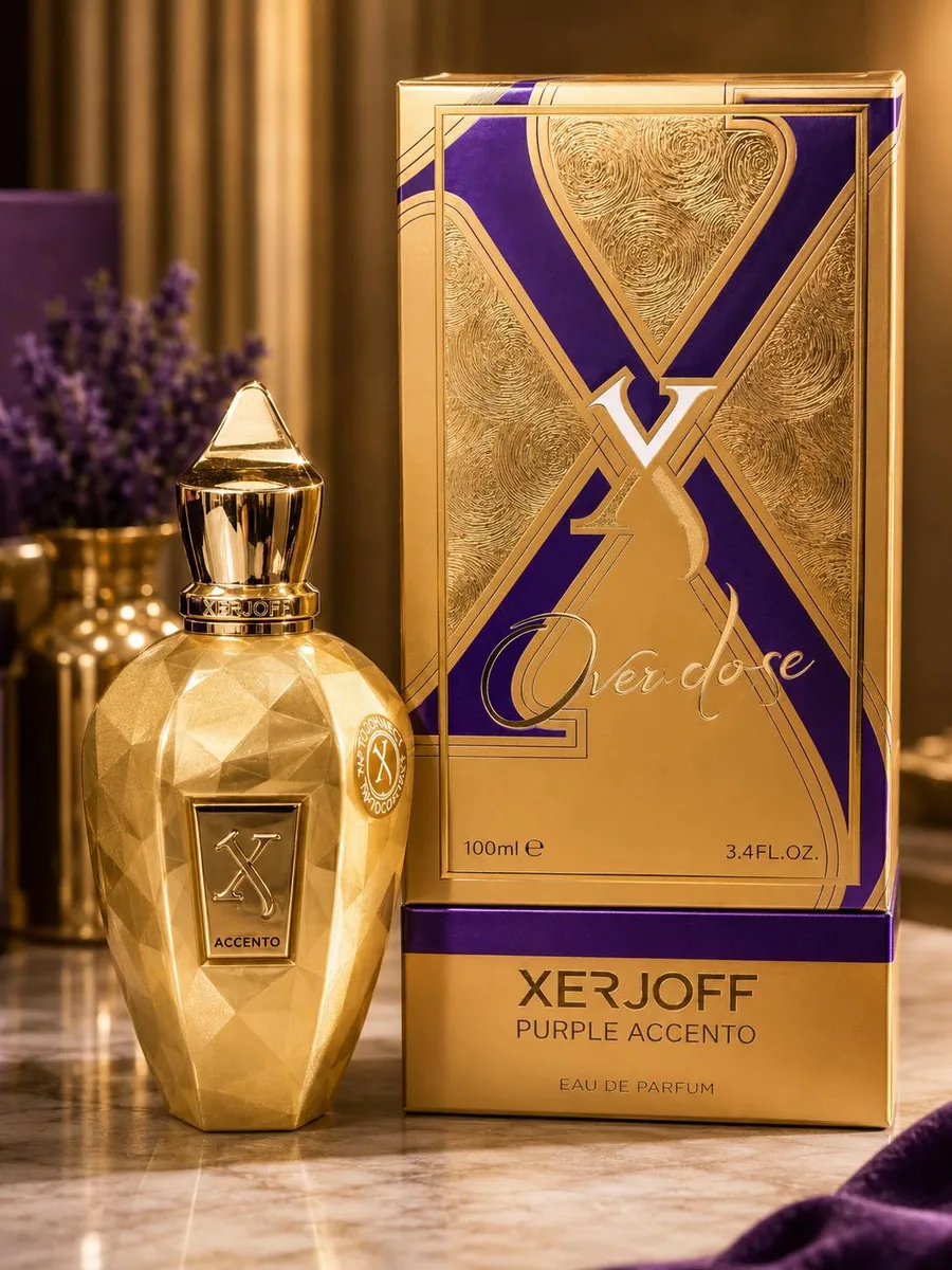 Złoty fasetowany flakon perfum Xerjoff Purple Accento 100ml z fioletowo-złotym opakowaniem