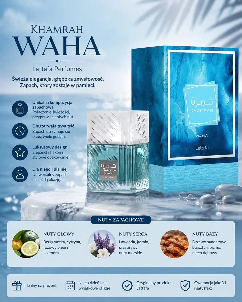 Perfumy Lattafa Khamrah Waha 100ml w szklanym flakonie z niebieskim opakowaniem