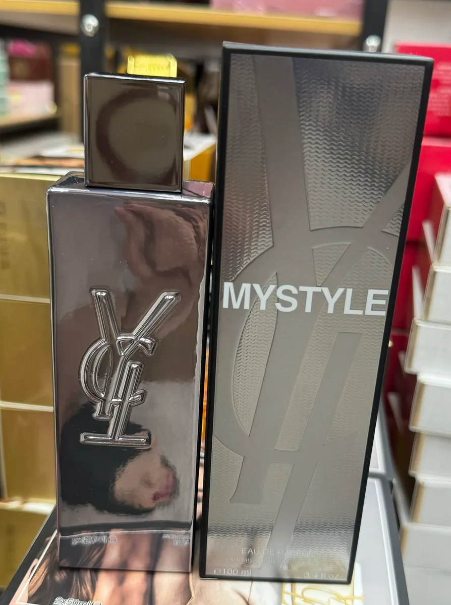 Perfumy MYSTYLE 100ml w lustrzanym metalicznym flakonie z logo YSL i szaro-czarnym opakowaniu