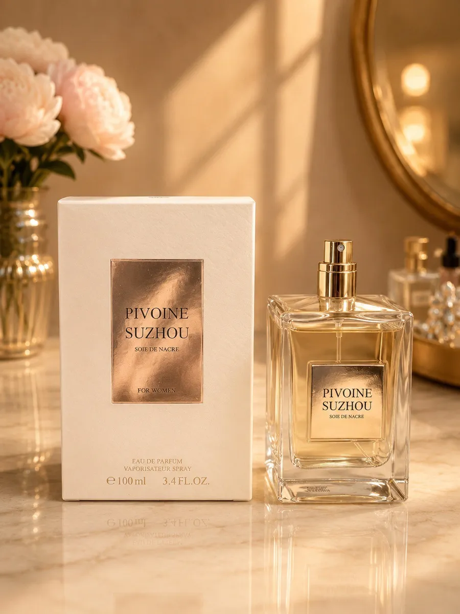 Perfumy Pivoine Suzhou Soie de Nacre 100ml w szklanej butelce i kremowym opakowaniu