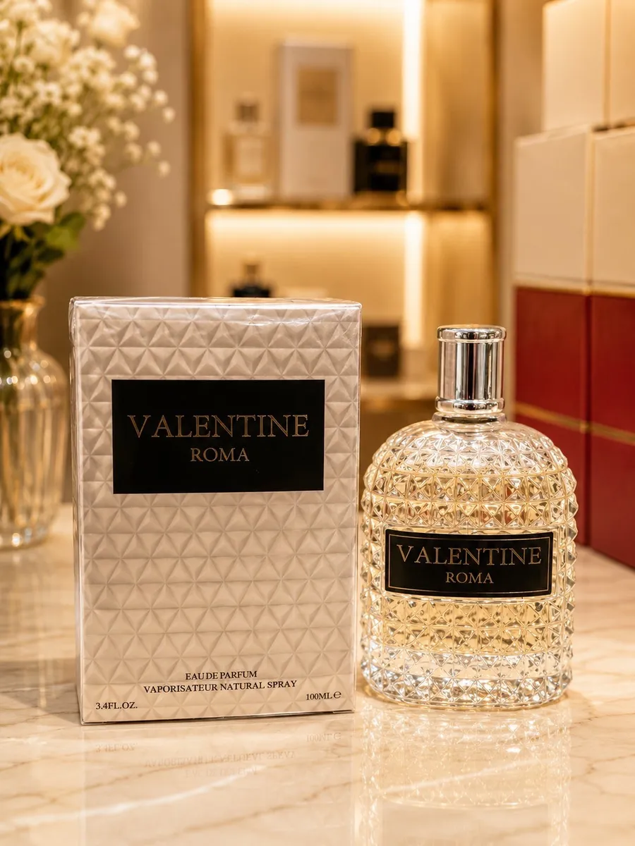 Perfumy Valentine Roma 100ml z przezroczystym flakonem o diamentowej fakturze i kremowym opakowaniem