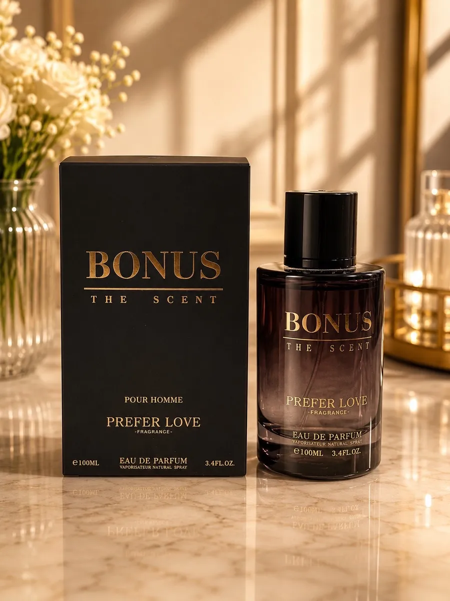 Butelka perfum Bonus The Scent Prefer Love 100ml i czarne pudełko na marmurowym blacie