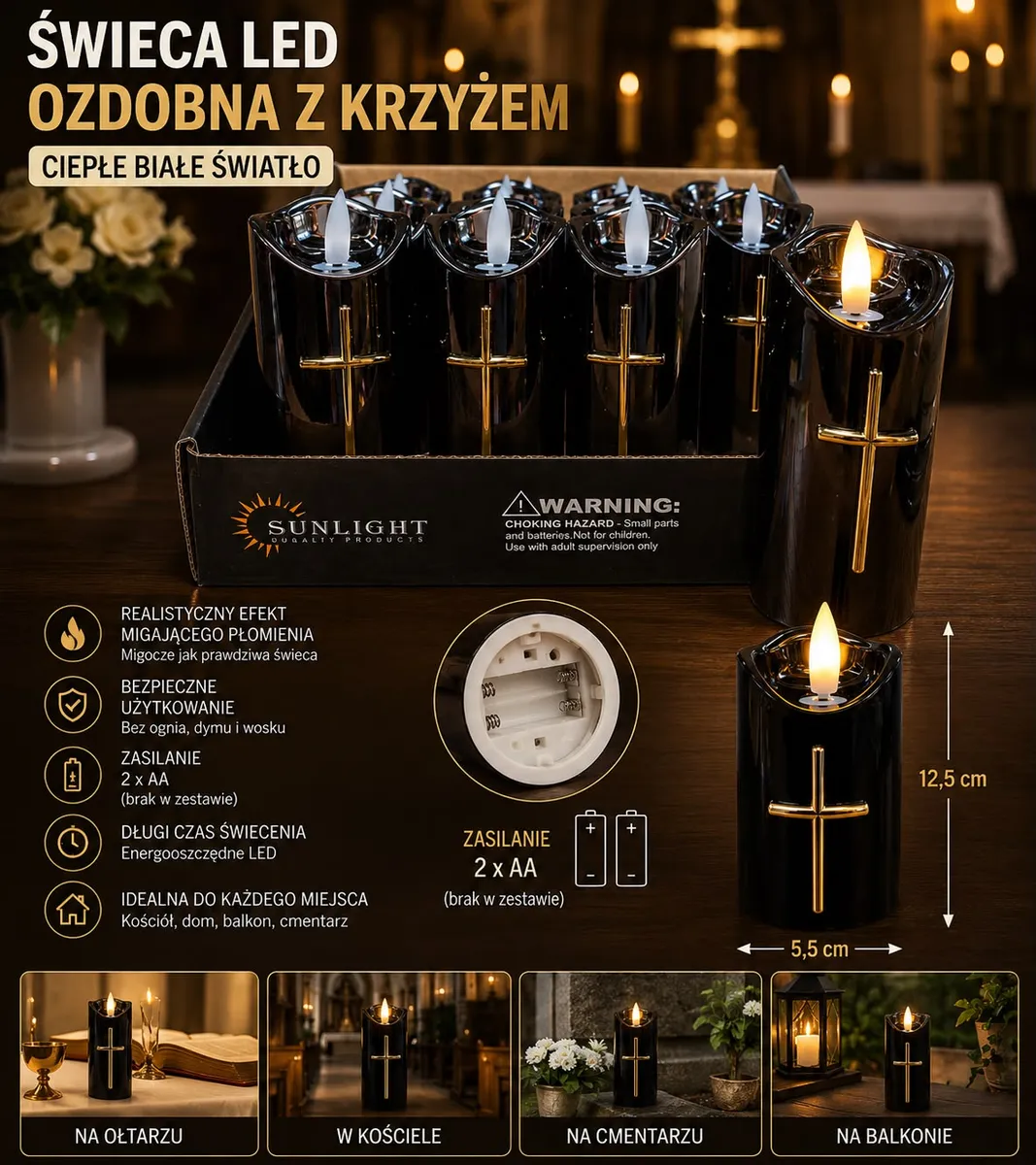 Czarne świeczki LED z złotym krzyżem i migającym płomieniem w opakowaniu zbiorczym