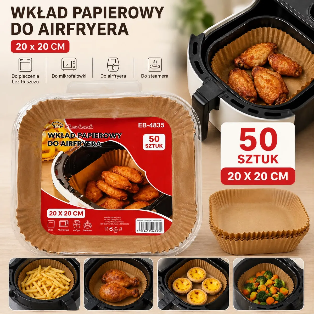 Brązowe kwadratowe wkłady papierowe do airfryera 20x20 cm w opakowaniu 50 sztuk