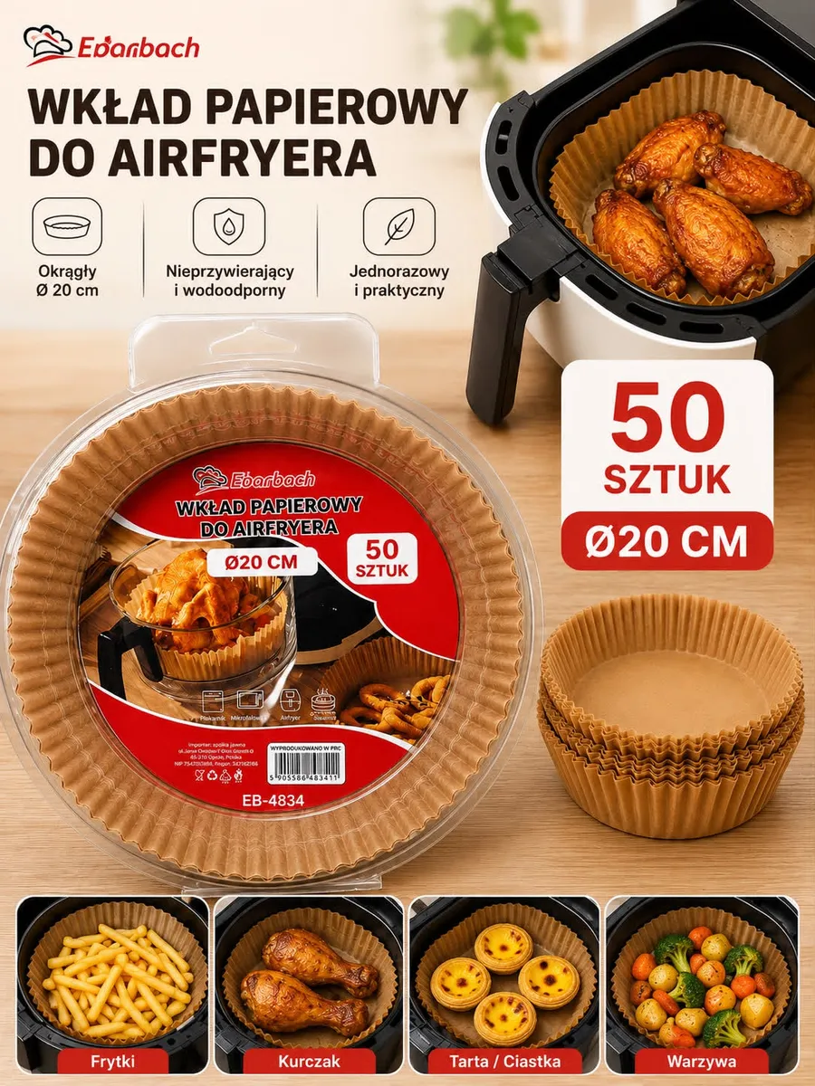 Brązowe okrągłe wkłady papierowe do air fryera Ø20 cm w opakowaniu 50 sztuk z przykładowym jedzeniem