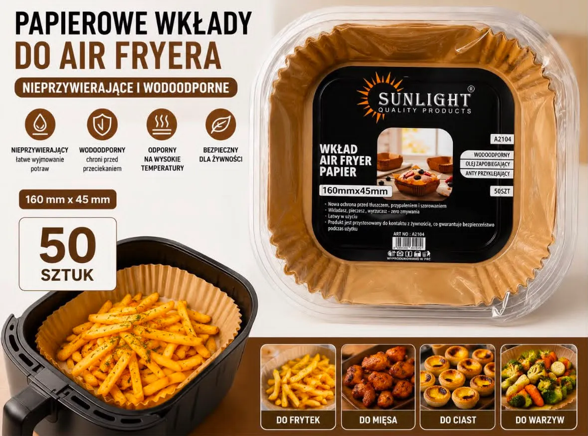 Brązowe papierowe wkłady do Air Fryera 160x45 mm w opakowaniu 50 sztuk, z frytkami w koszyku